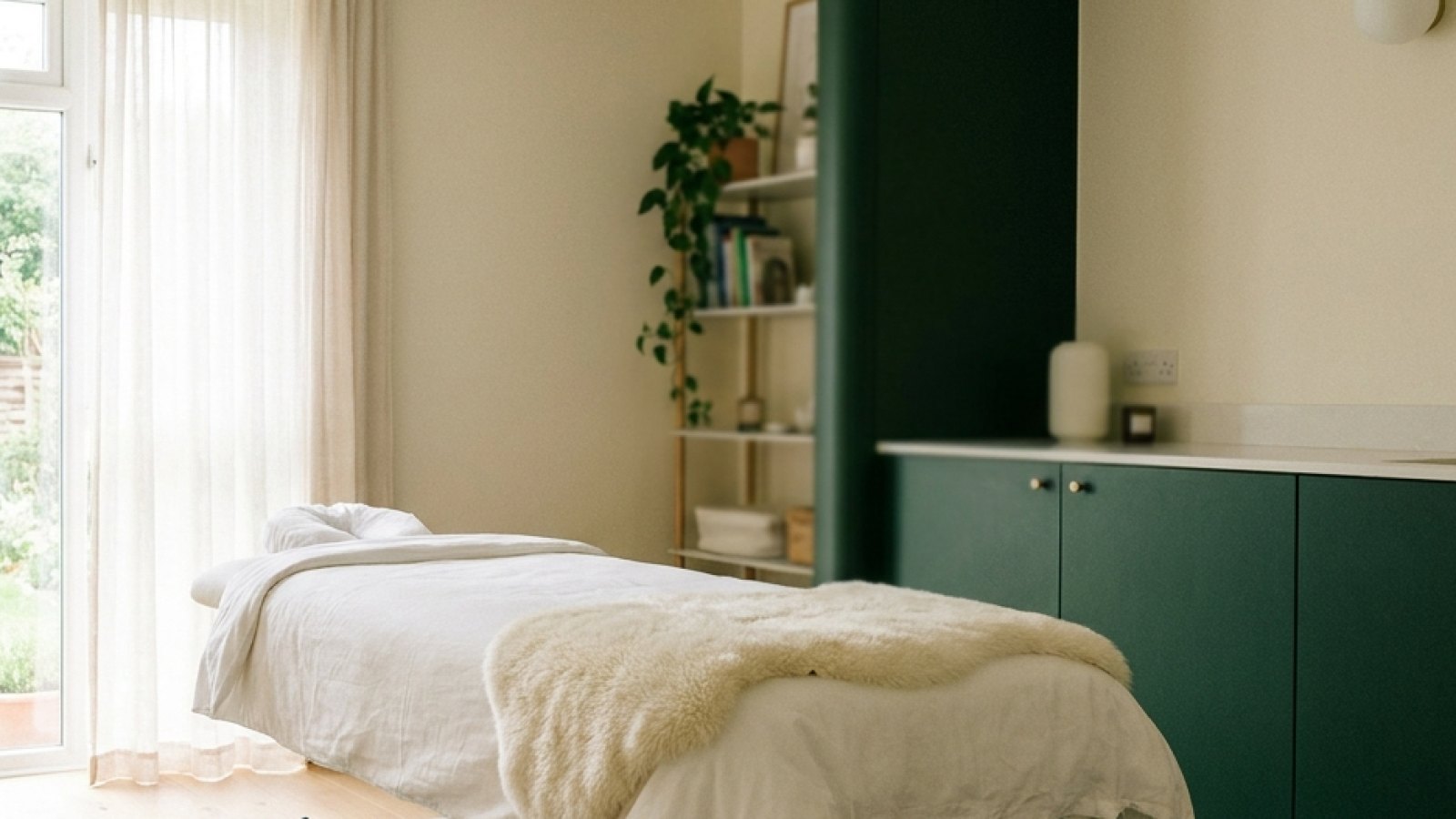 Calming osteopathy treatment room prepared for assessment
