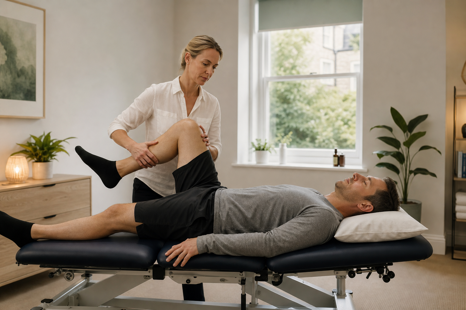 UK osteopath assessing a patient's hip and leg mobility in a clinic treatment room