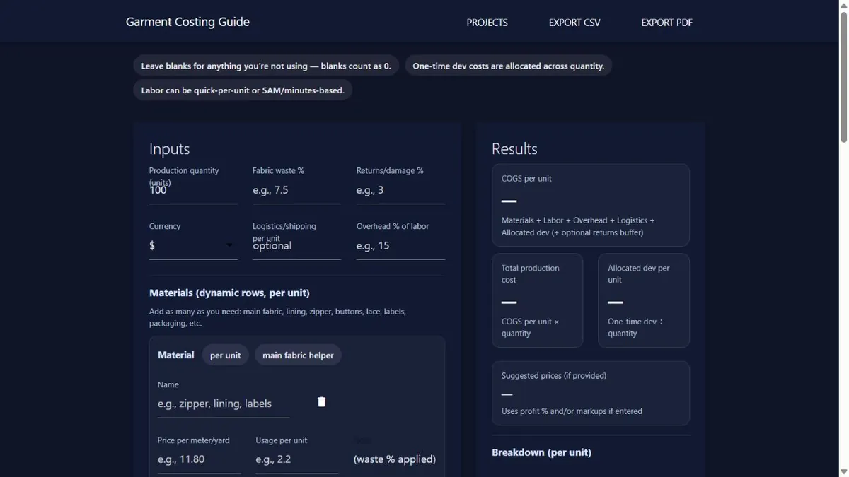 Garment Costing interface preview